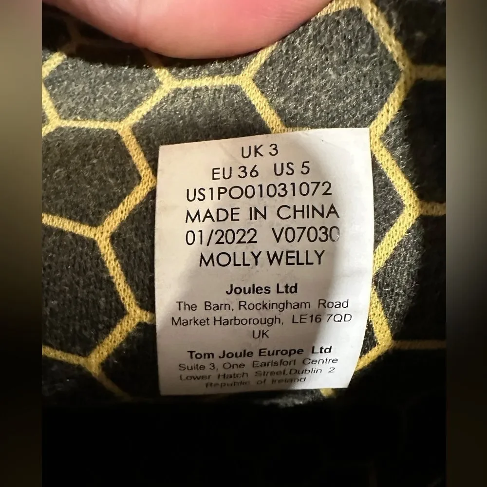 Joules honeybee print Black and Gold Molly Welly size 5.5